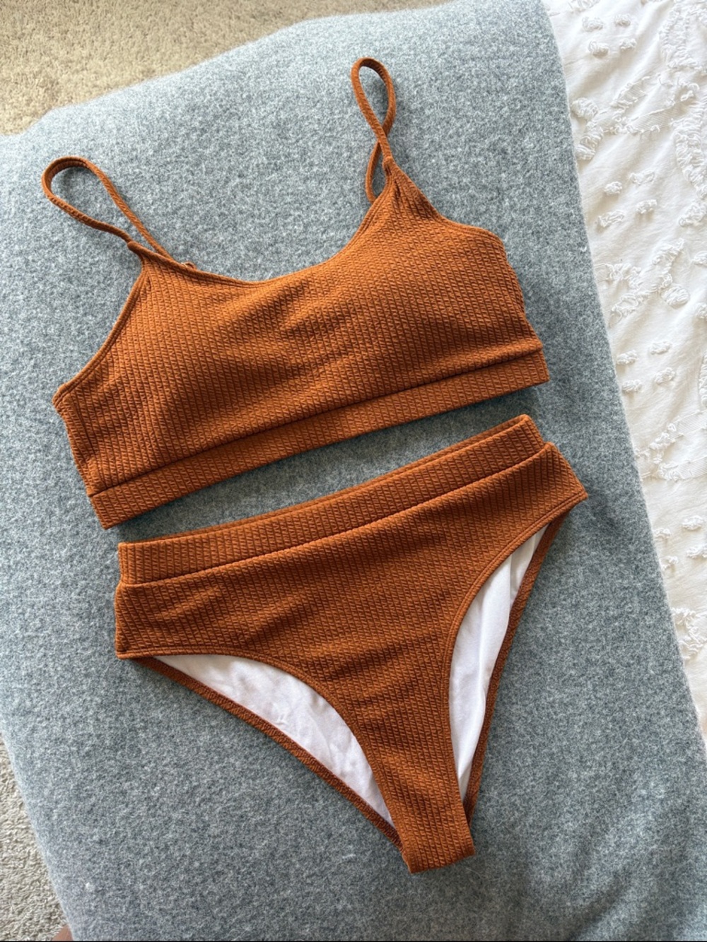 SHEIN Rust Textured Ribbed High-Waist Bikini Set